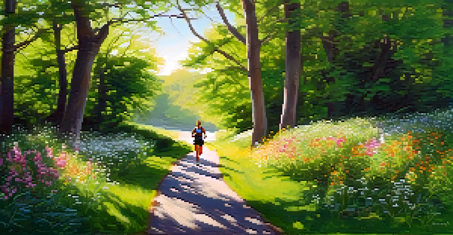 A runner on a scenic trail surrounded by greenery and wildflowers in a park.