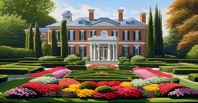 A beautiful garden with colorful flowers and a historic mansion in the background, illuminated by soft afternoon light.