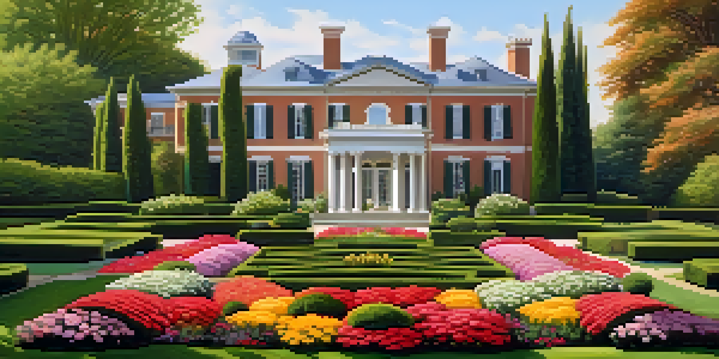 A beautiful garden with colorful flowers and a historic mansion in the background, illuminated by soft afternoon light.