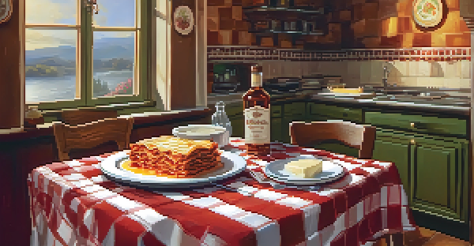 A warm and inviting Italian restaurant interior with a plate of lasagna on a wooden table.
