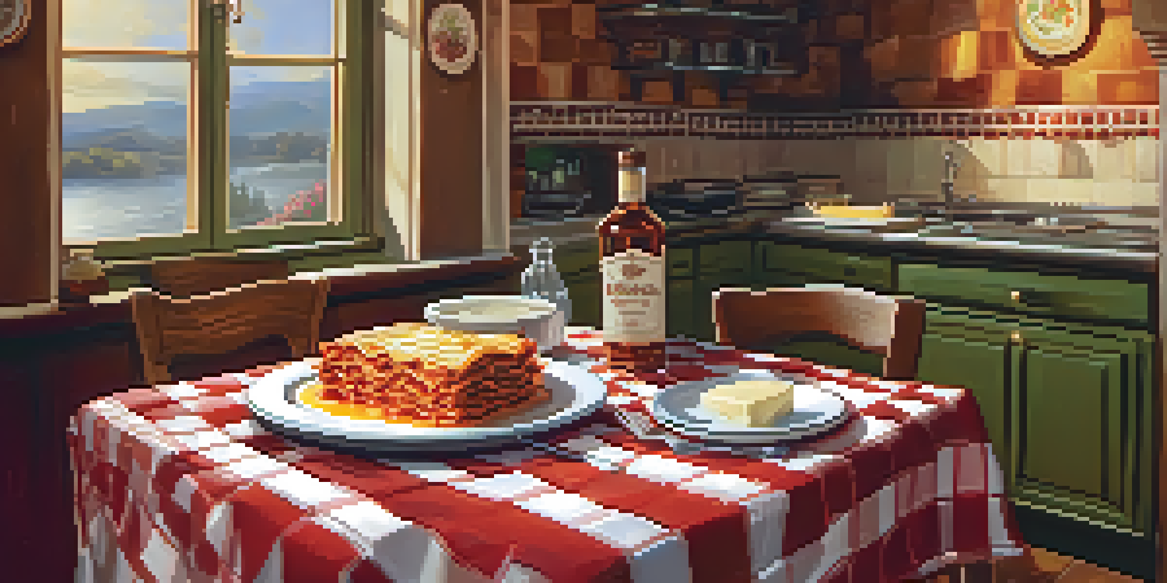 A warm and inviting Italian restaurant interior with a plate of lasagna on a wooden table.