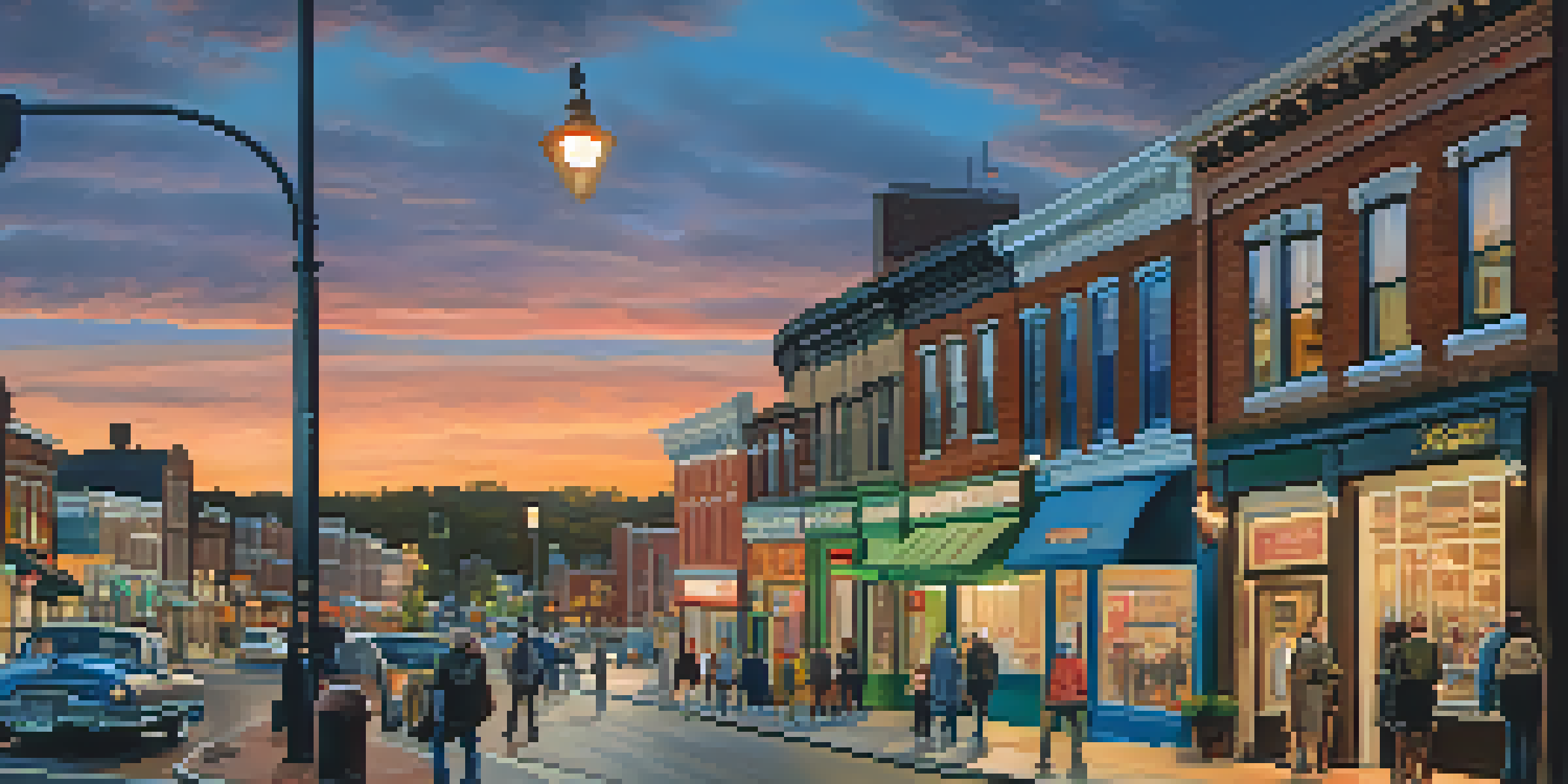 A vibrant East End scene at dusk with shops and galleries illuminated by street lamps.