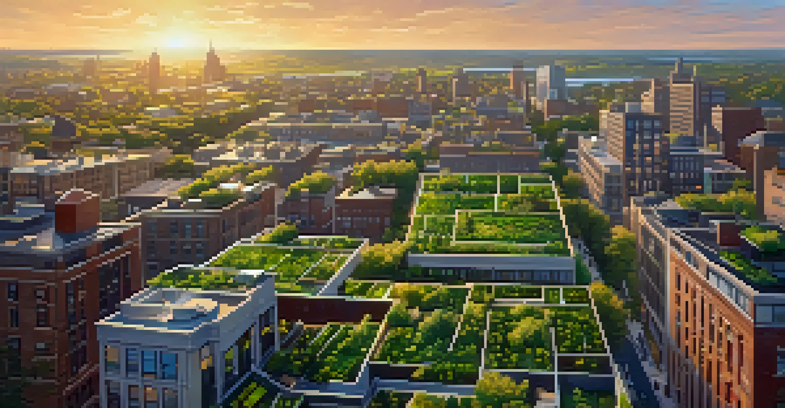 An aerial perspective of Rochester's skyline featuring green rooftops and solar panels during sunset, emphasizing the city's commitment to renewable energy.