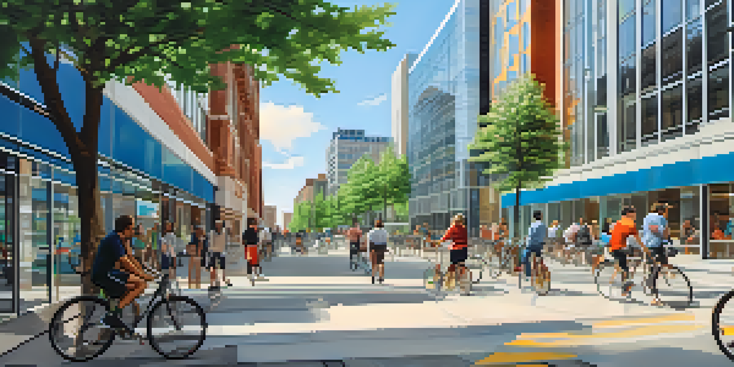 A lively urban area in Rochester with modern buildings, greenery, and people engaging in discussions, showcasing a spirit of innovation.