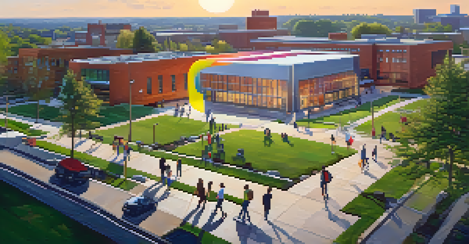 Students working on an art project on the Rochester Institute of Technology campus, with modern buildings and green landscaping in the background.