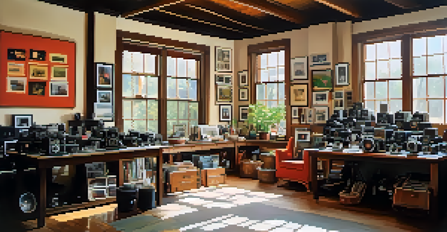 Inside an artist's studio with photography equipment, natural light, and a display of Kodachrome film and vibrant color prints.
