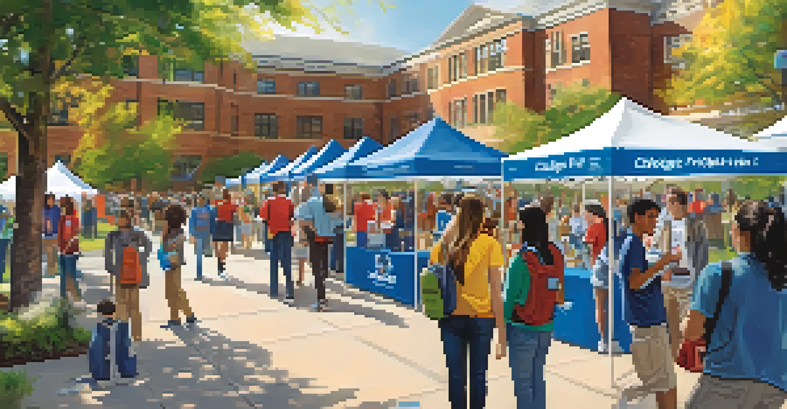 Students exploring booths at a college volunteer fair on a sunny day, engaging with local organizations.