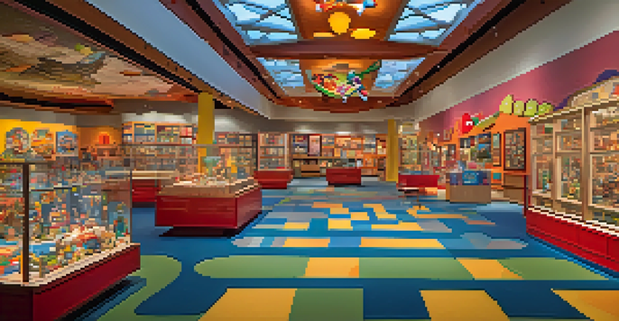 The interior of the Strong National Museum of Play filled with colorful toys and games, with families and children engaging with the exhibits.