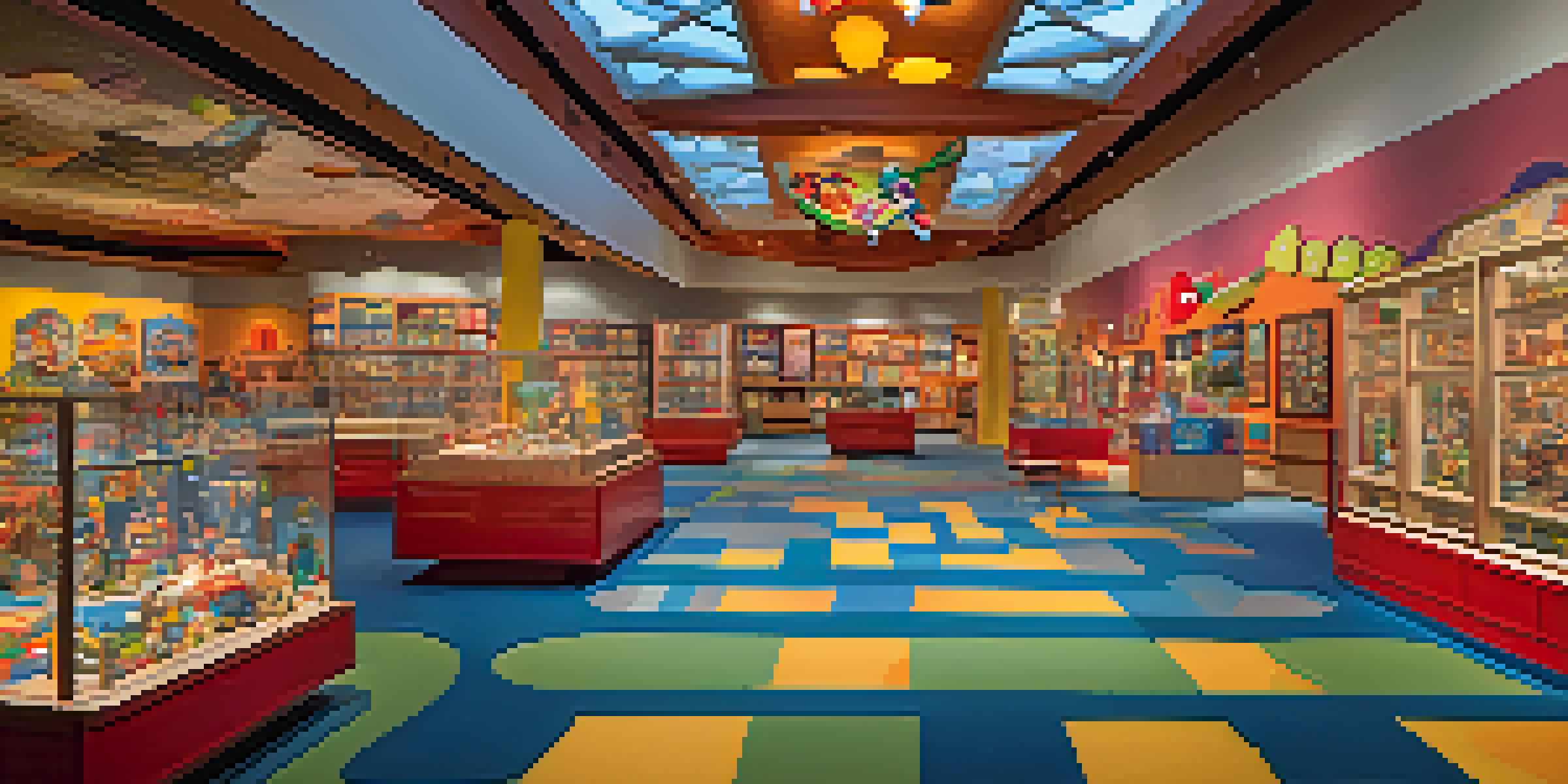 The interior of the Strong National Museum of Play filled with colorful toys and games, with families and children engaging with the exhibits.