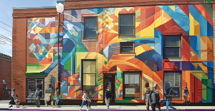 A colorful public art mural on a building in Rochester, with people admiring it under sunlight.