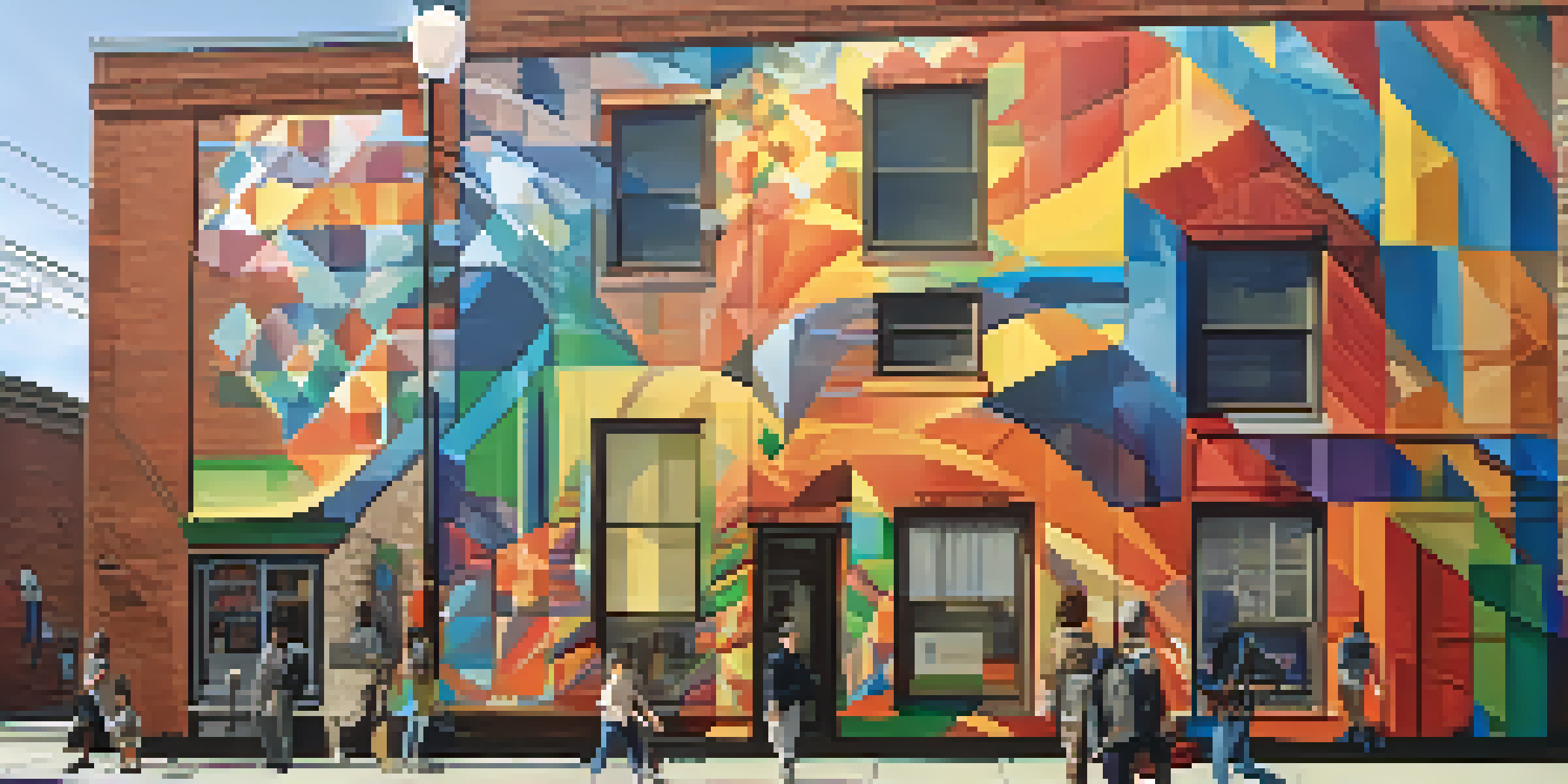 A colorful public art mural on a building in Rochester, with people admiring it under sunlight.