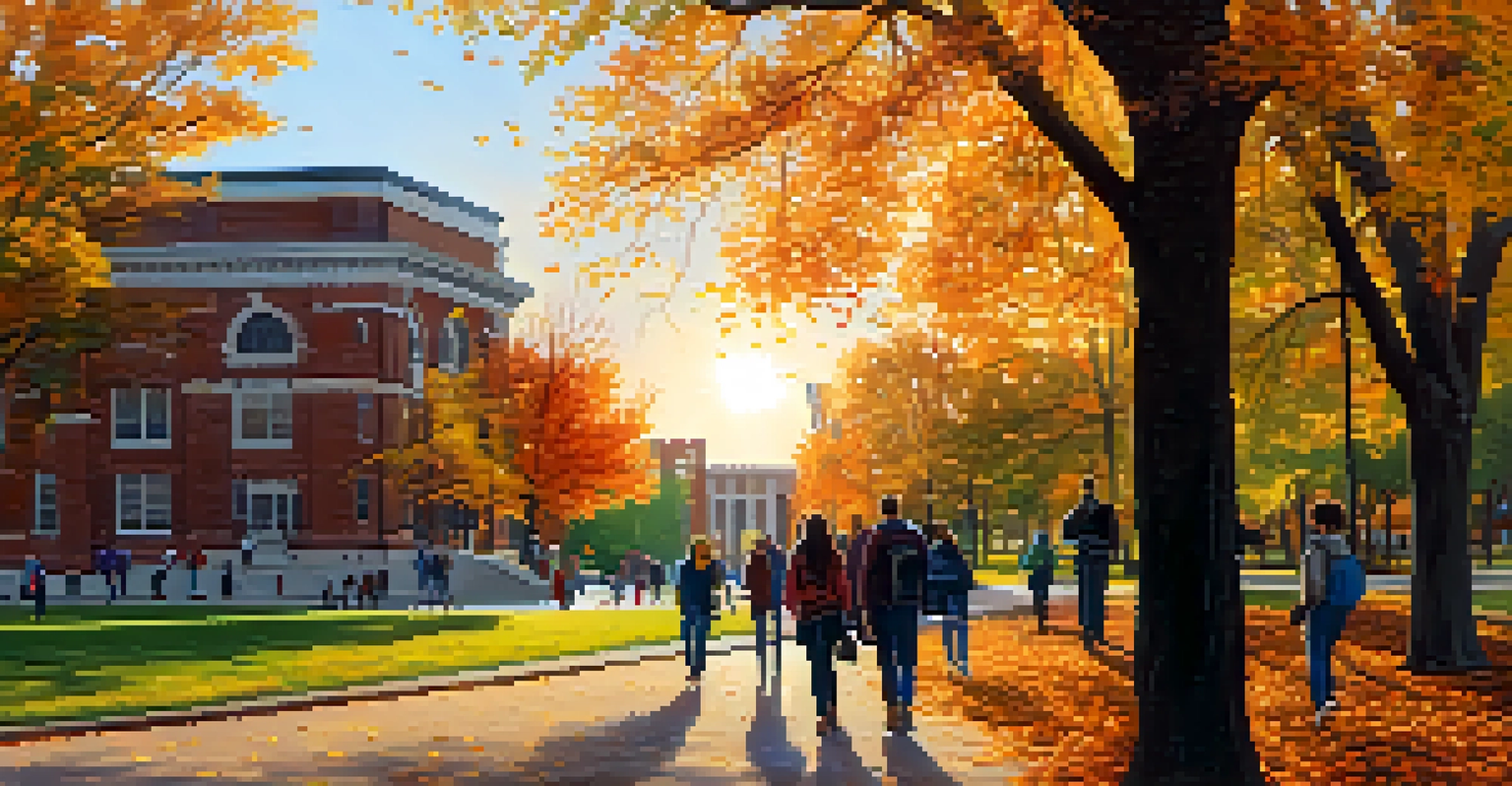 The University of Rochester campus in autumn with students walking among colorful trees and historic buildings.