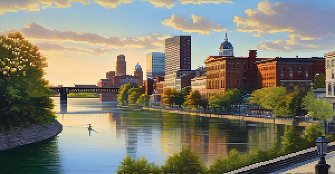 A picturesque view of the Genesee River with historic buildings and lush greenery in Rochester, New York, illuminated by golden hour light.