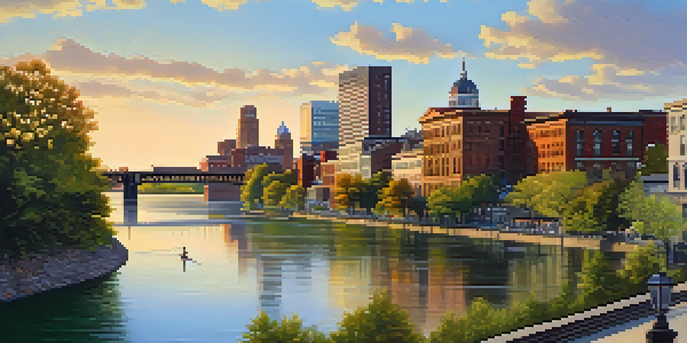 A picturesque view of the Genesee River with historic buildings and lush greenery in Rochester, New York, illuminated by golden hour light.
