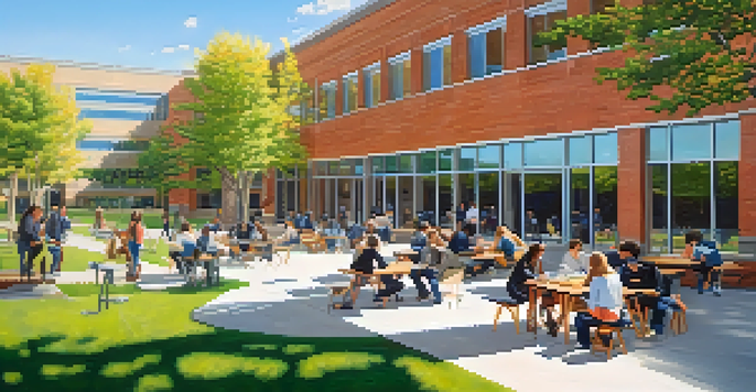 A lively campus with diverse students participating in outdoor learning activities, surrounded by modern university buildings and blooming trees.