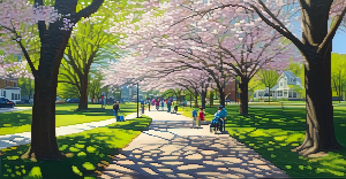 A picturesque park scene in spring with blooming flowers, sunlight filtering through trees, and families having picnics.