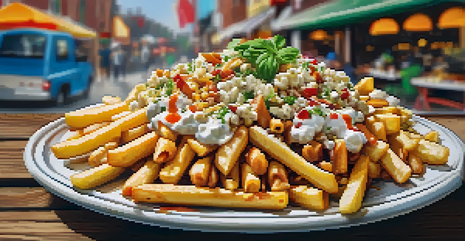 A close-up of a garbage plate with fries, macaroni salad, and toppings on a rustic table, surrounded by a lively street market.