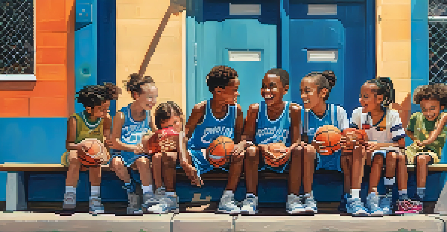 Children sitting on a bench after a basketball game, laughing and enjoying snacks together.