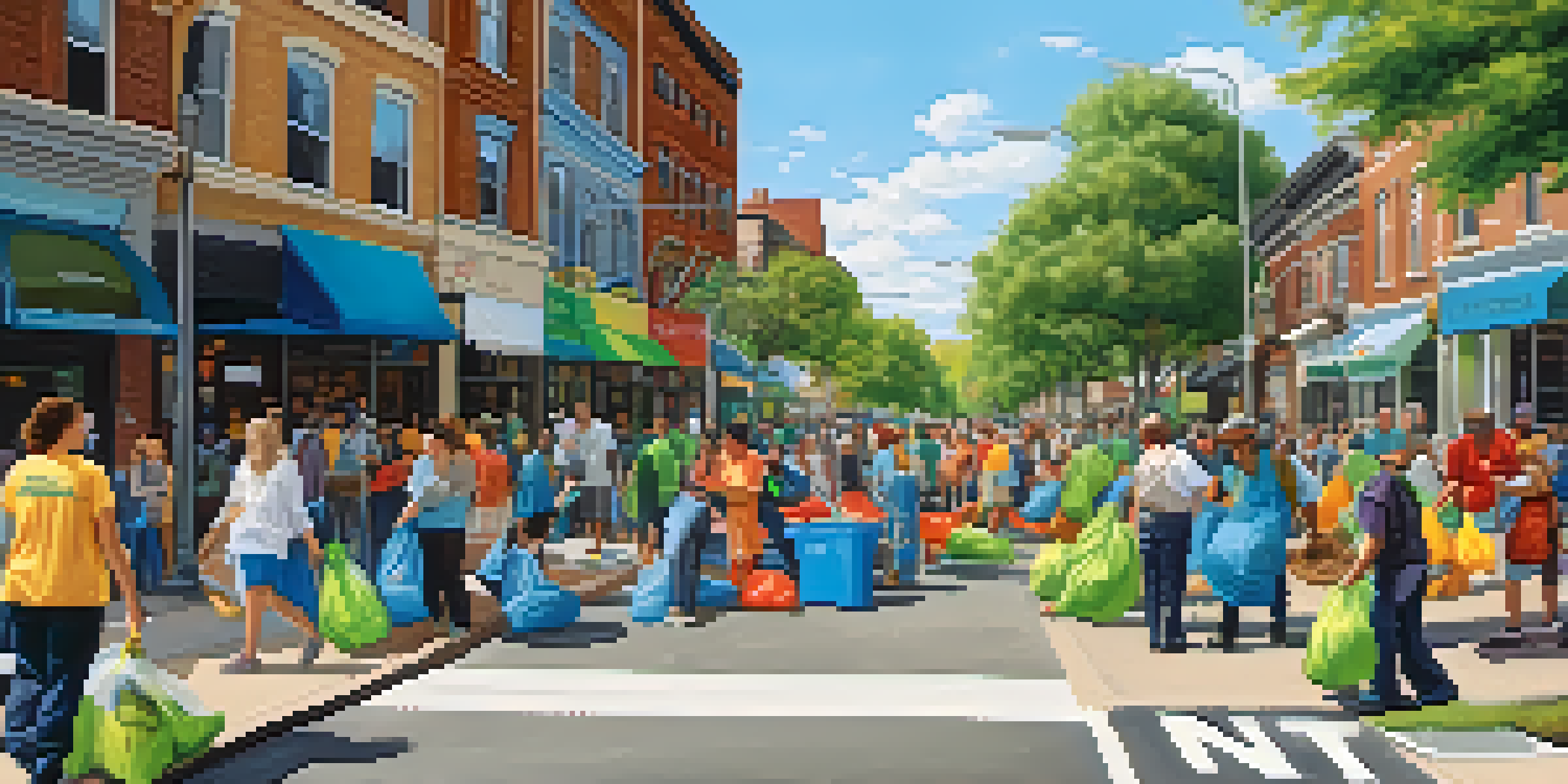 A community clean-up event in Rochester with diverse participants picking up litter and colorful trash bags.