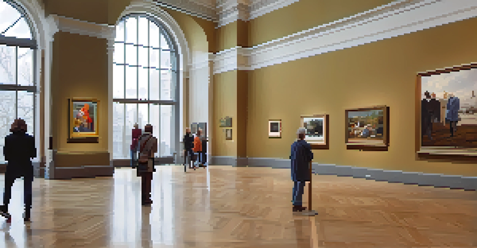 The interior of the Memorial Art Gallery in Rochester, showcasing diverse artworks and visitors.