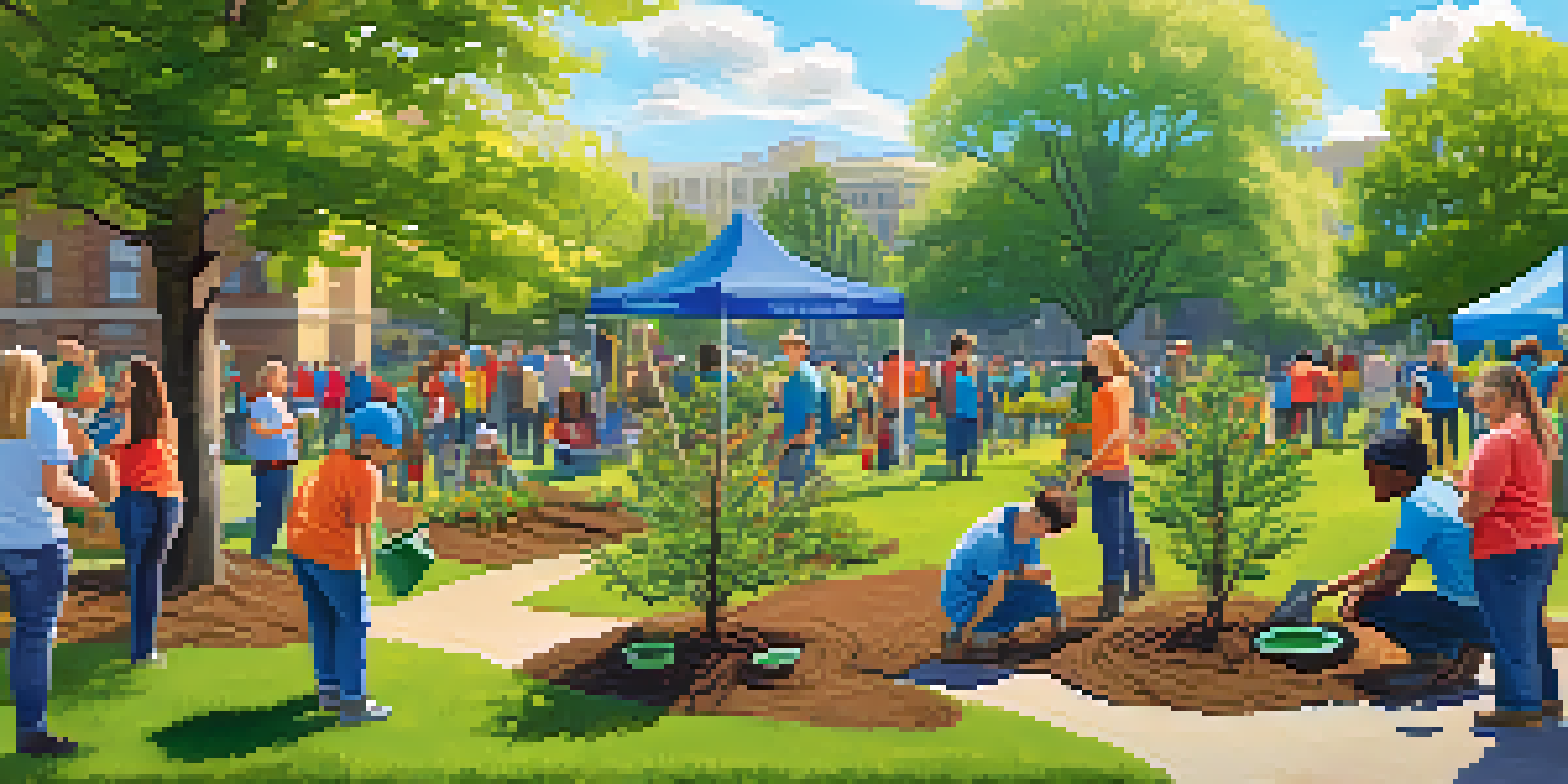 A community tree planting event with diverse participants planting trees in a sunny park.