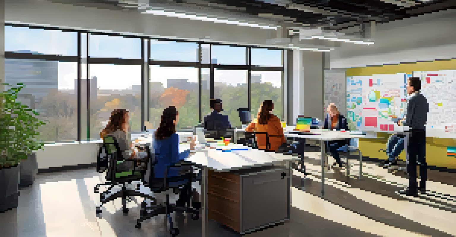 A vibrant collaborative workspace filled with diverse professionals brainstorming, surrounded by large windows, colorful whiteboards, and modern furniture.