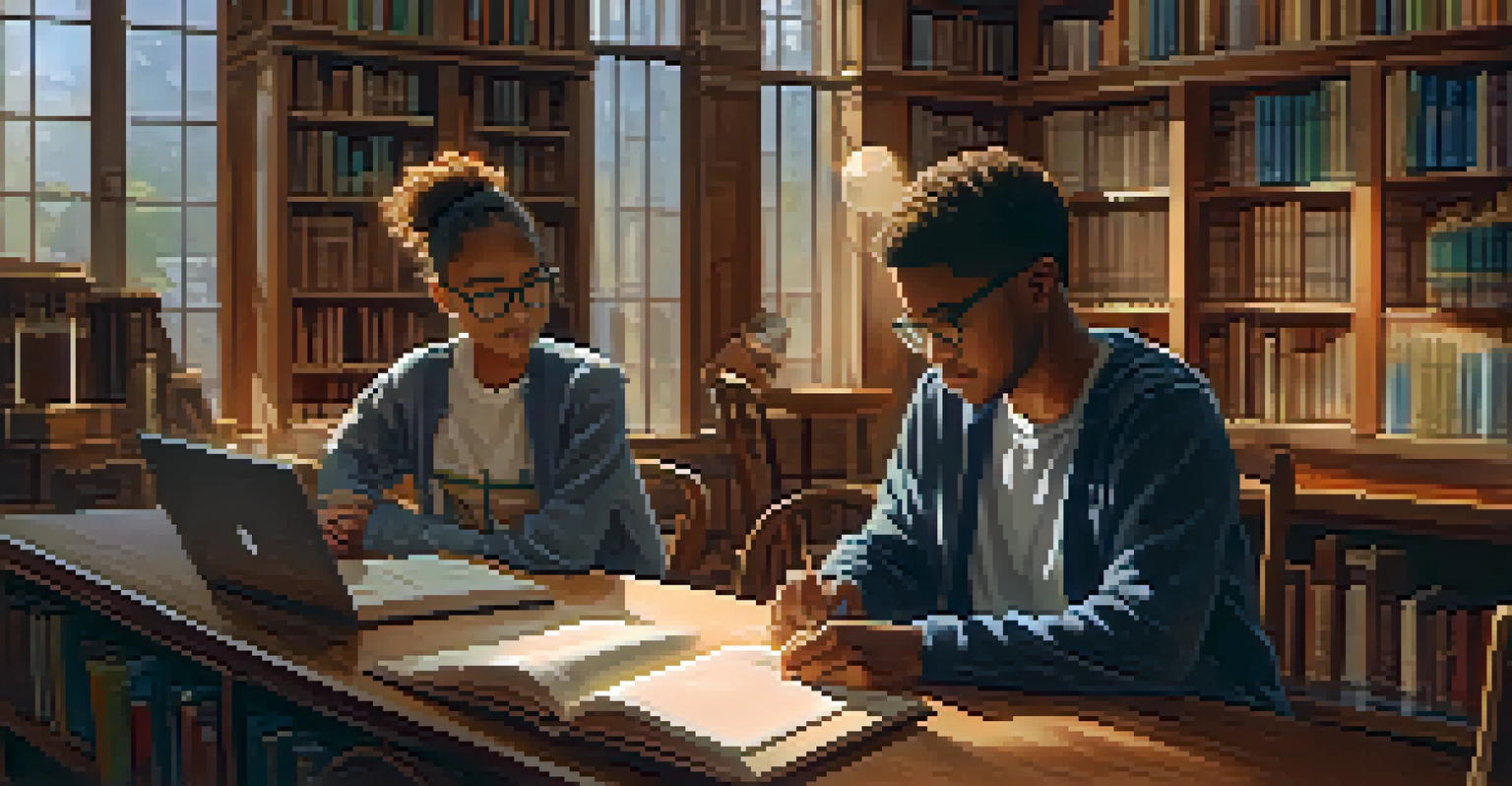 A mentorship session in a cozy library, featuring a young student and a mentor engaged in conversation surrounded by books.