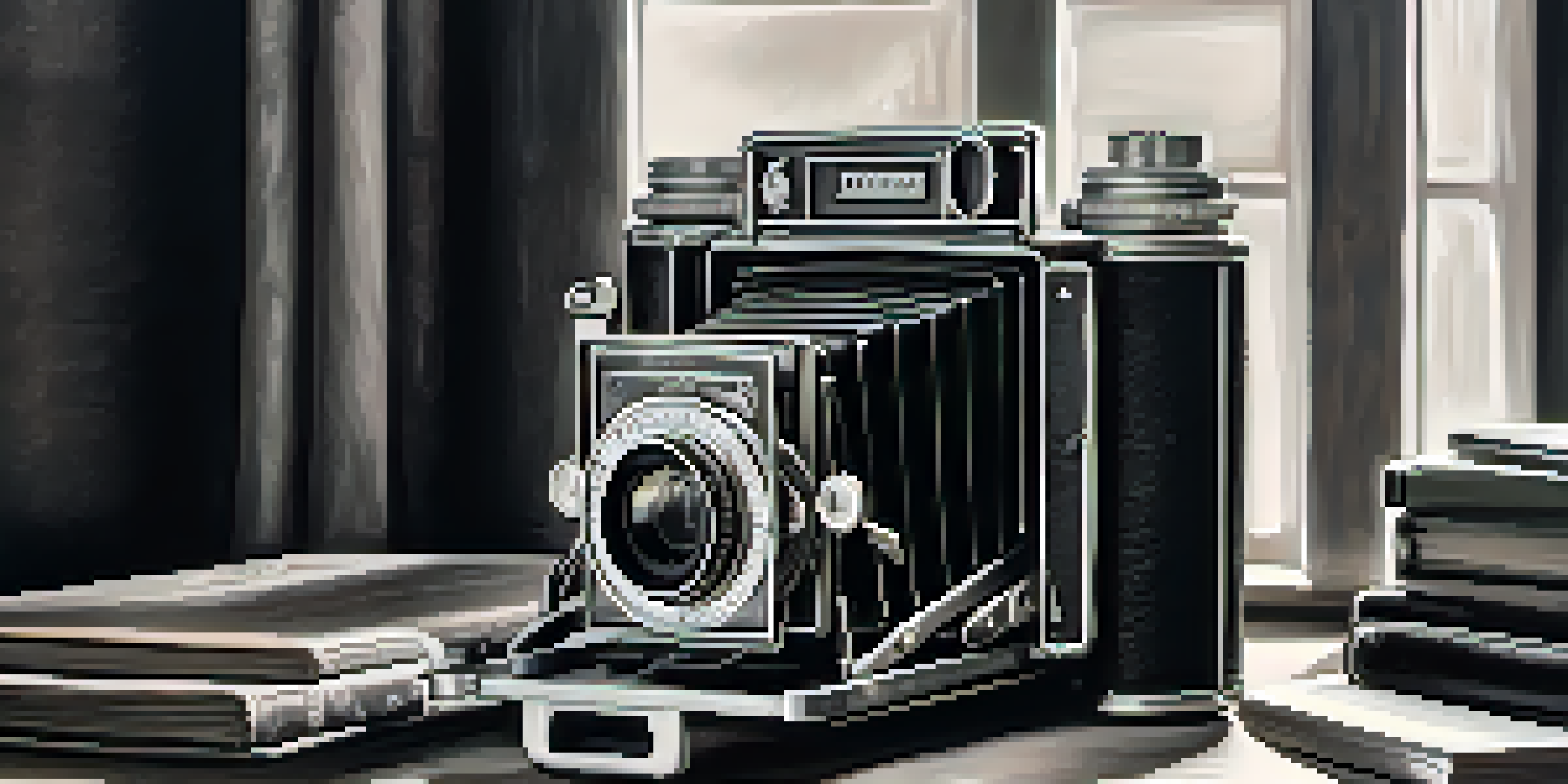 A vintage Kodak camera on a wooden table surrounded by black and white photographs, softly illuminated by natural light.