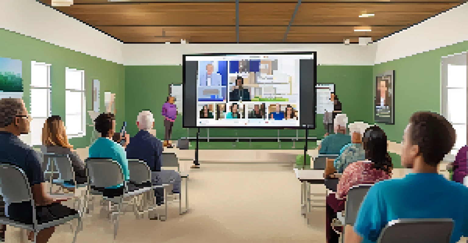 Residents participating in a virtual town hall meeting in a well-lit community center.