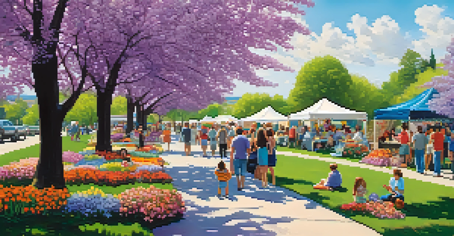 A beautiful park filled with lilac blooms and families enjoying food from various vendors during the festival.