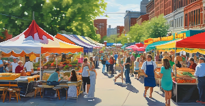 A busy outdoor food festival with various food stalls, people enjoying meals, and colorful decorations.