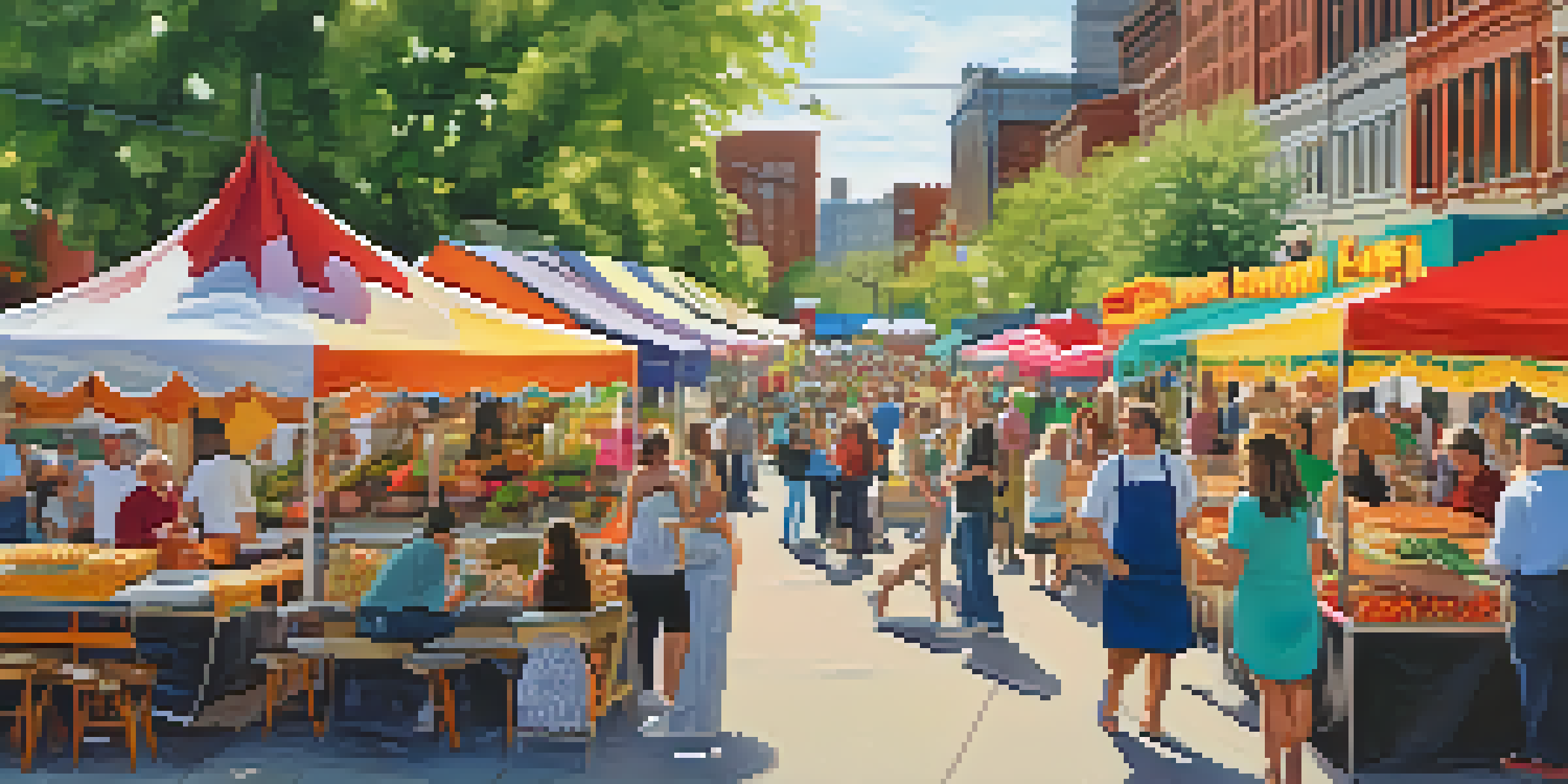 A busy outdoor food festival with various food stalls, people enjoying meals, and colorful decorations.