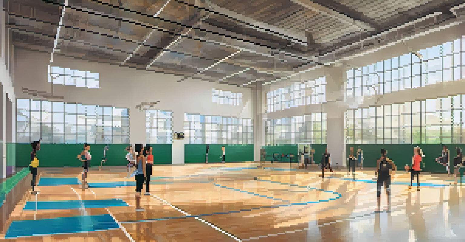 An interior of a multi-use sports facility with a basketball court and a yoga studio, filled with natural light and people engaged in activities.