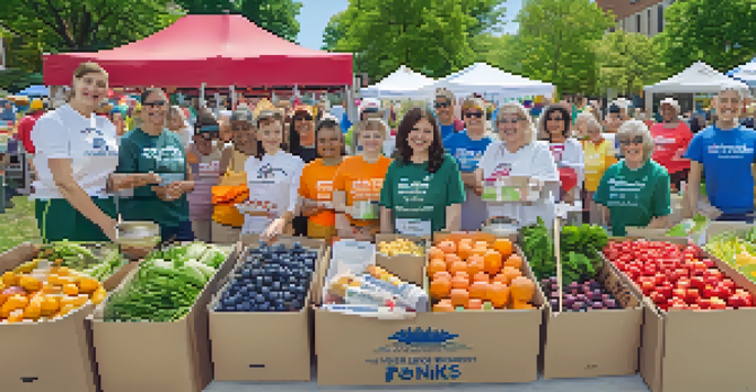 A lively community food drive in a sunny park with diverse volunteers collecting and donating food, colorful banners, and tables filled with food items.