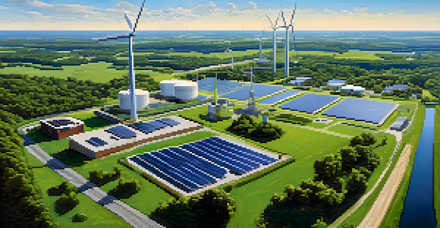 An aerial view of Rochester featuring solar panels, wind turbines, and green spaces, illustrating the city's commitment to renewable energy.