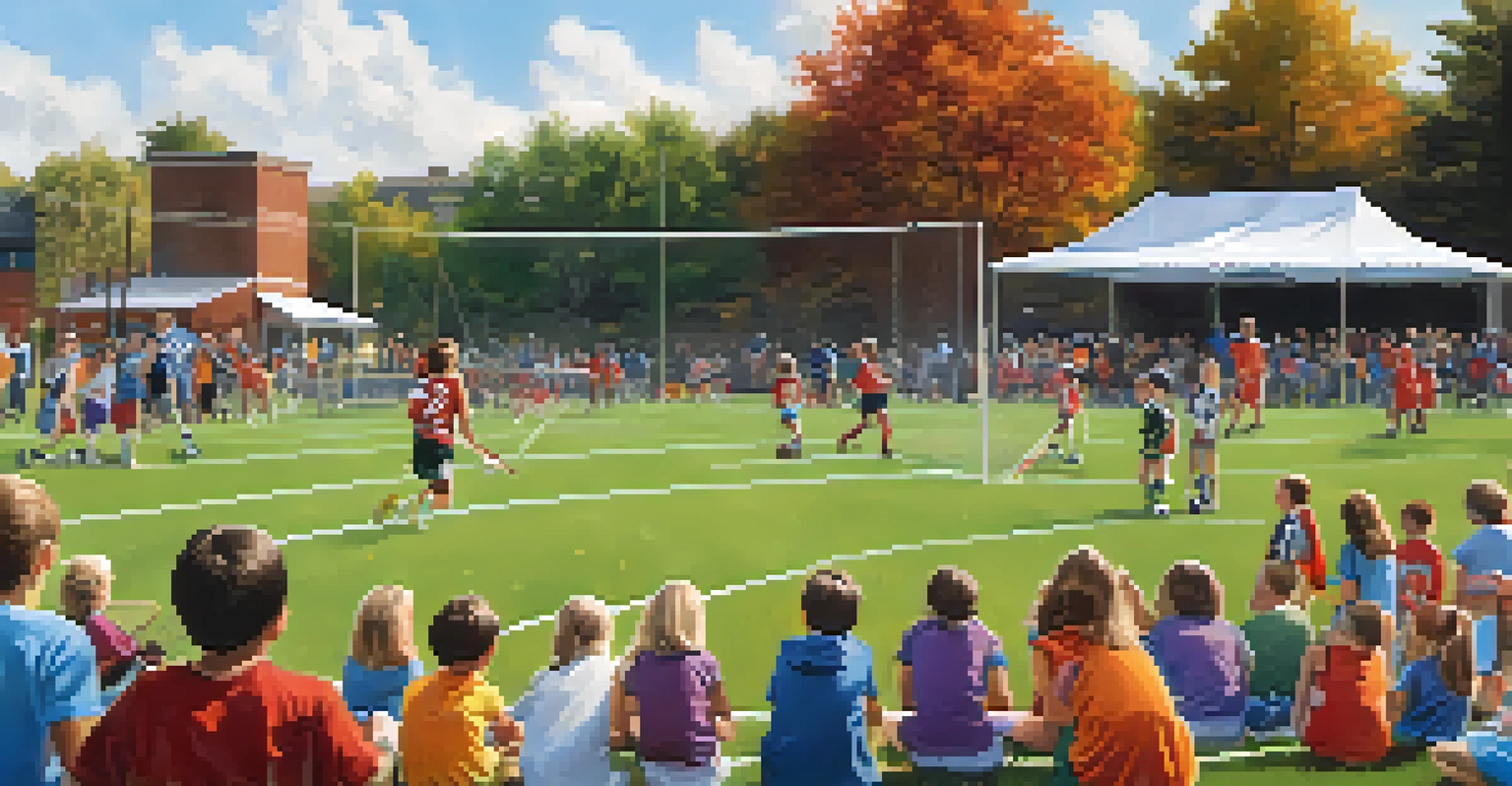 Children playing soccer and lacrosse at a community sports event, with parents cheering.