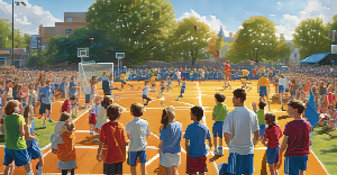 A lively community sports event showcasing young athletes in action, surrounded by cheering spectators and colorful banners.