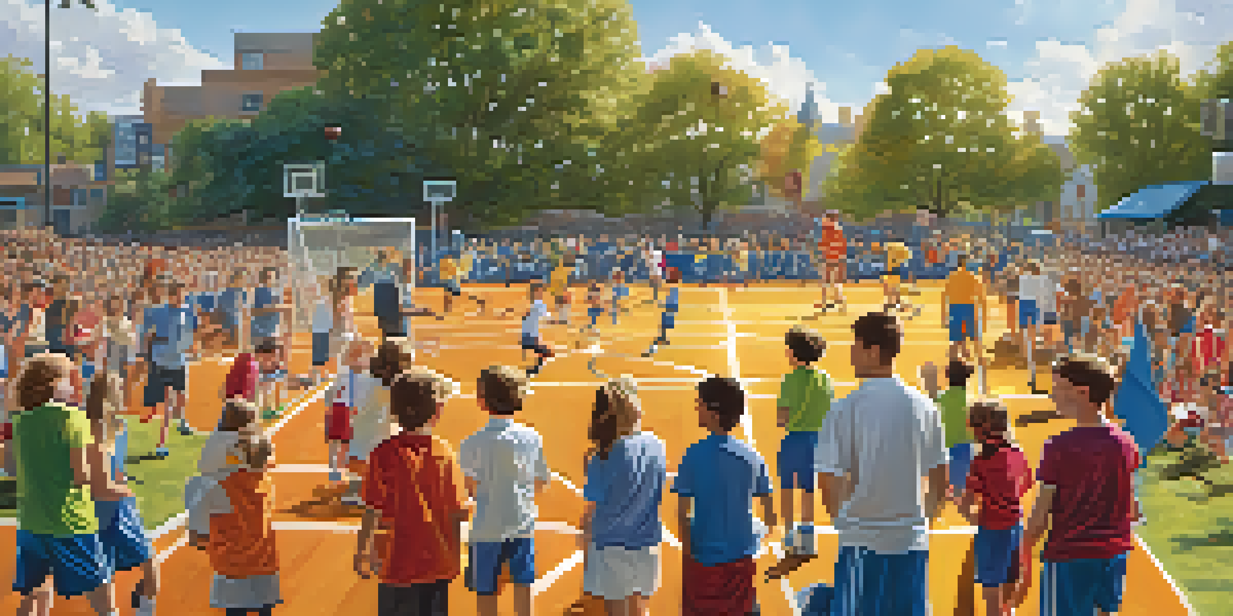 A lively community sports event showcasing young athletes in action, surrounded by cheering spectators and colorful banners.