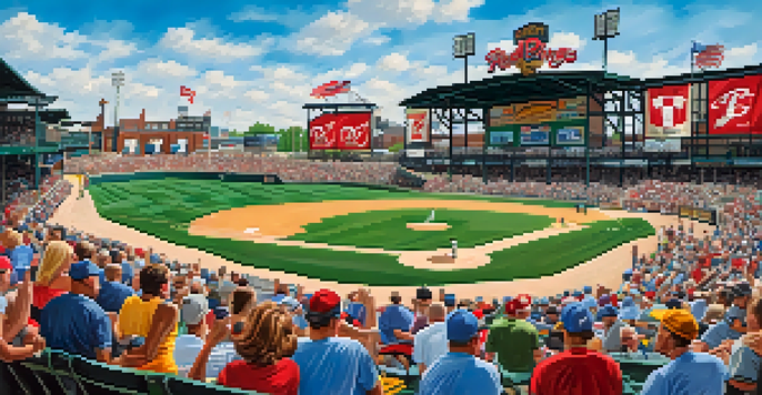 A lively baseball game at Frontier Field with fans in team colors, players on the field, and food vendors in the background.