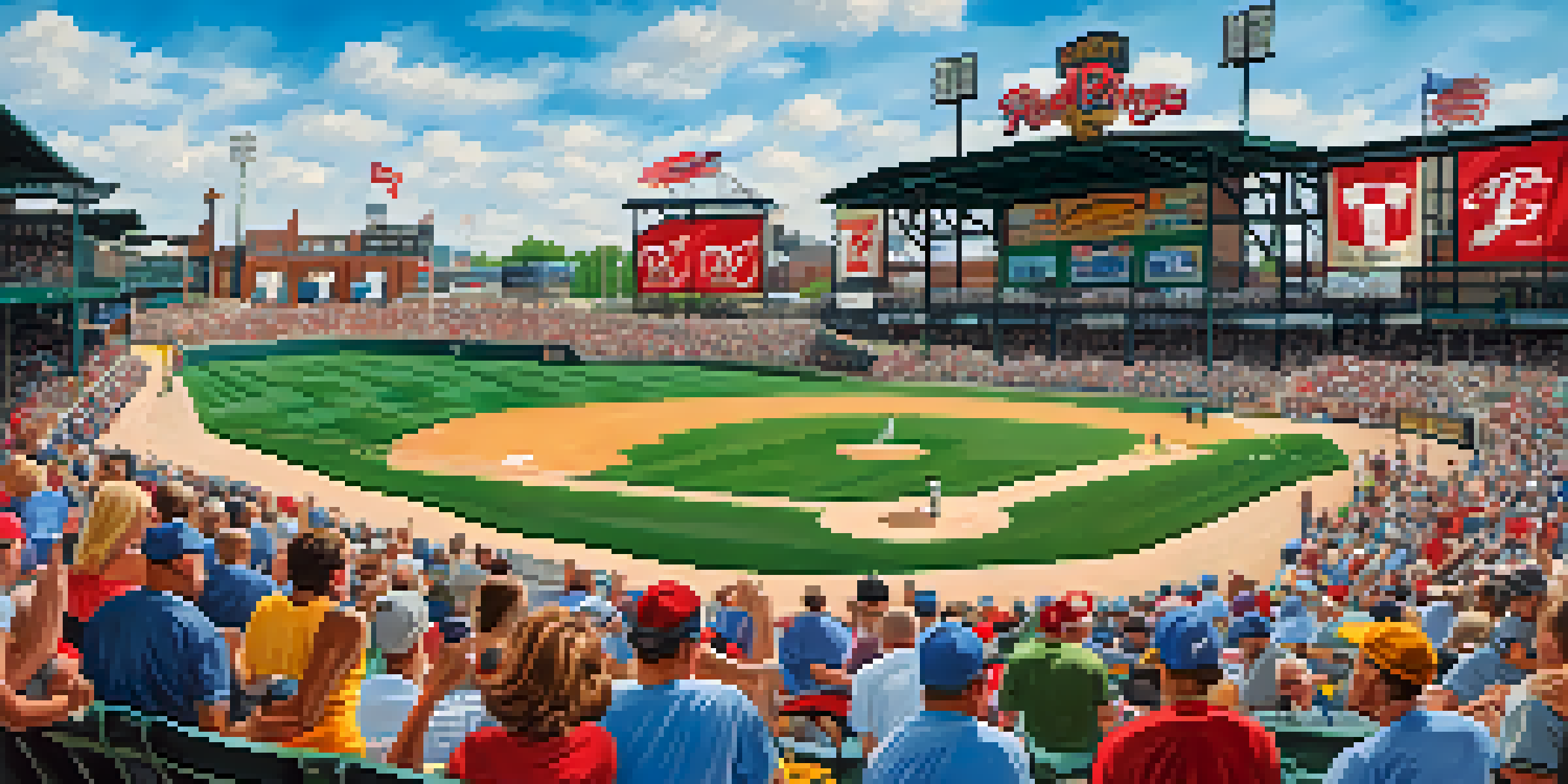 A lively baseball game at Frontier Field with fans in team colors, players on the field, and food vendors in the background.