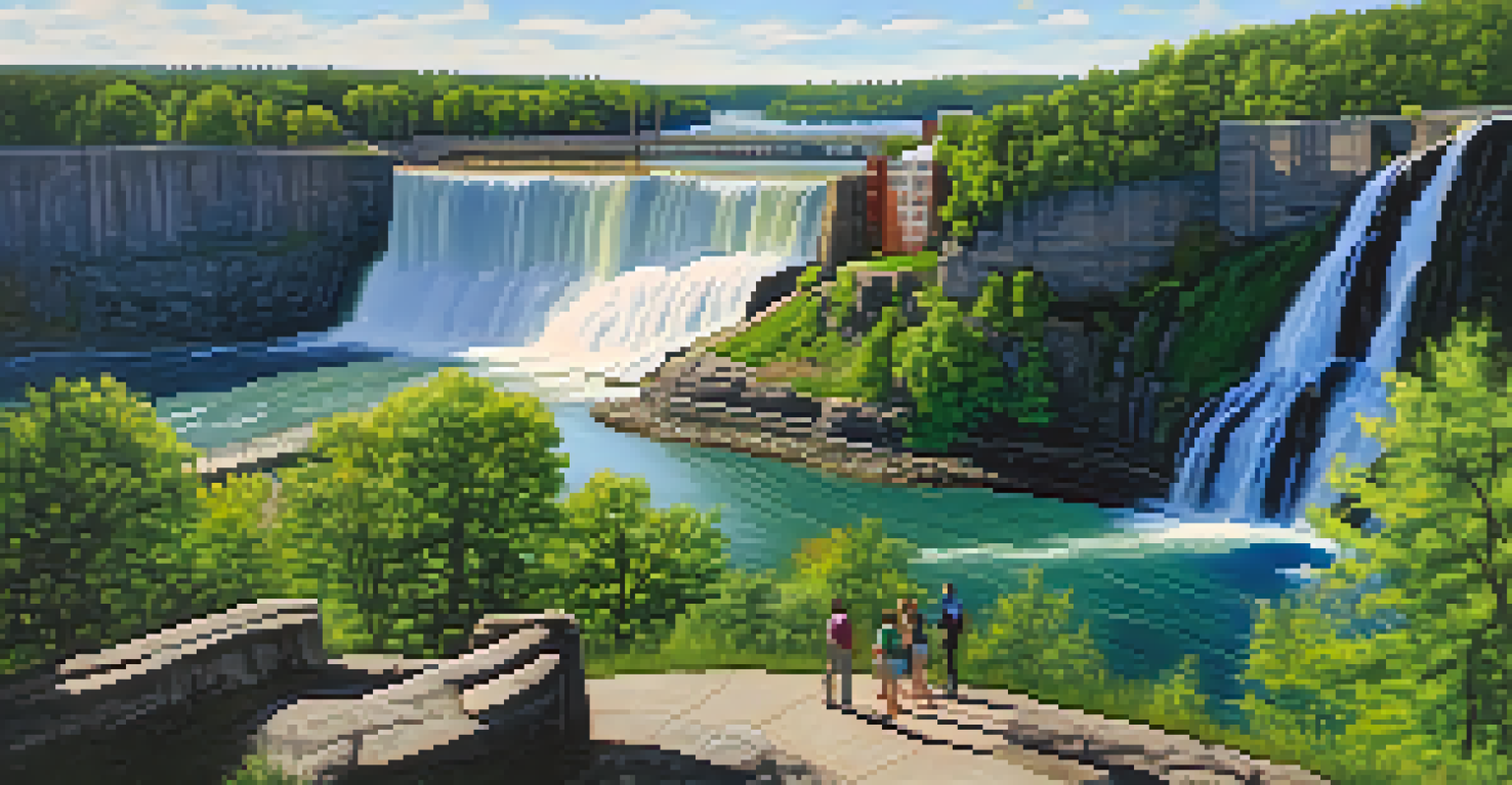 A stunning view of High Falls with a waterfall cascading over rocks and visitors walking along a trail, surrounded by greenery and a clear blue sky.