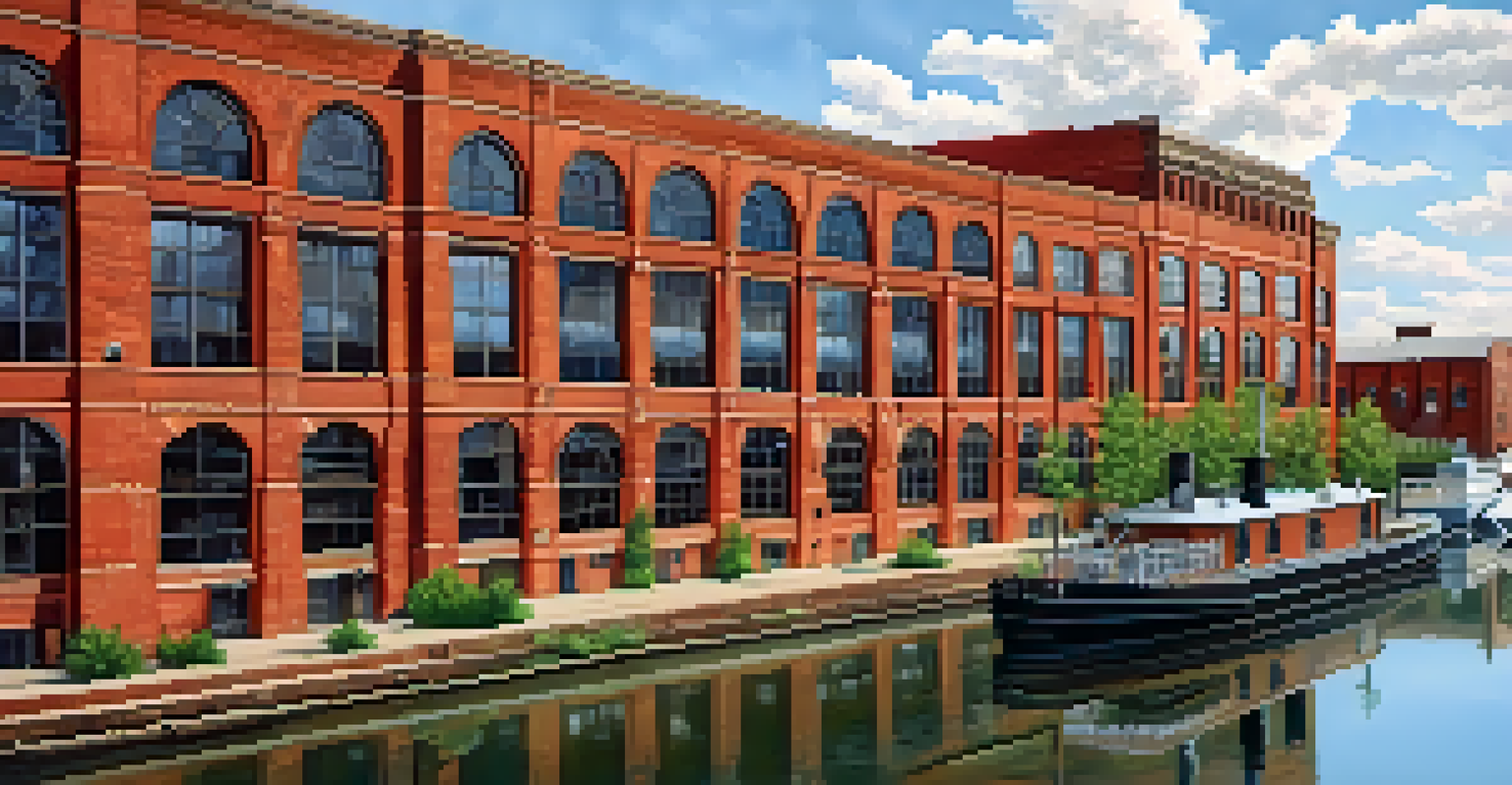 A historic red brick warehouse by the Erie Canal in Rochester, showcasing industrial architecture.