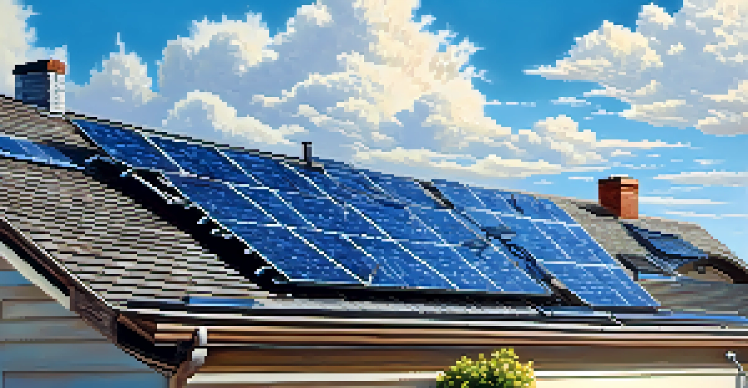 Solar panels installed on rooftops in a sunny residential neighborhood.