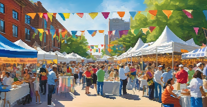 A bustling food festival with colorful booths, local chefs cooking, and families sampling gourmet dishes.