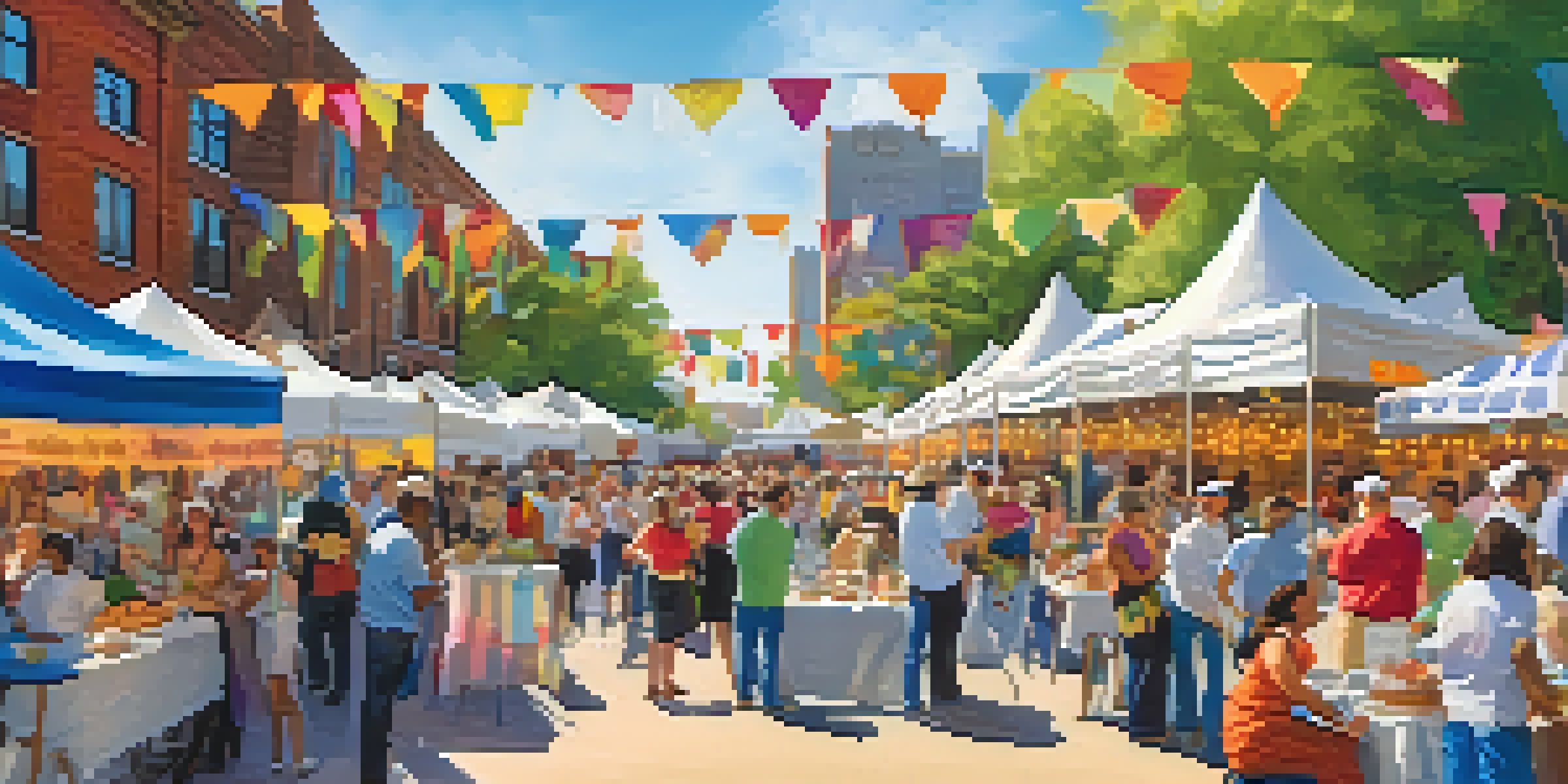A bustling food festival with colorful booths, local chefs cooking, and families sampling gourmet dishes.