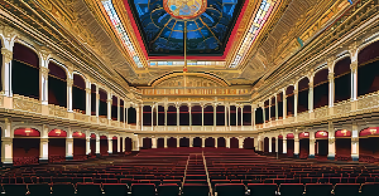 Interior view of the Eastman Theatre showcasing Gothic Revival design with ornate ceilings and colorful stained glass windows.