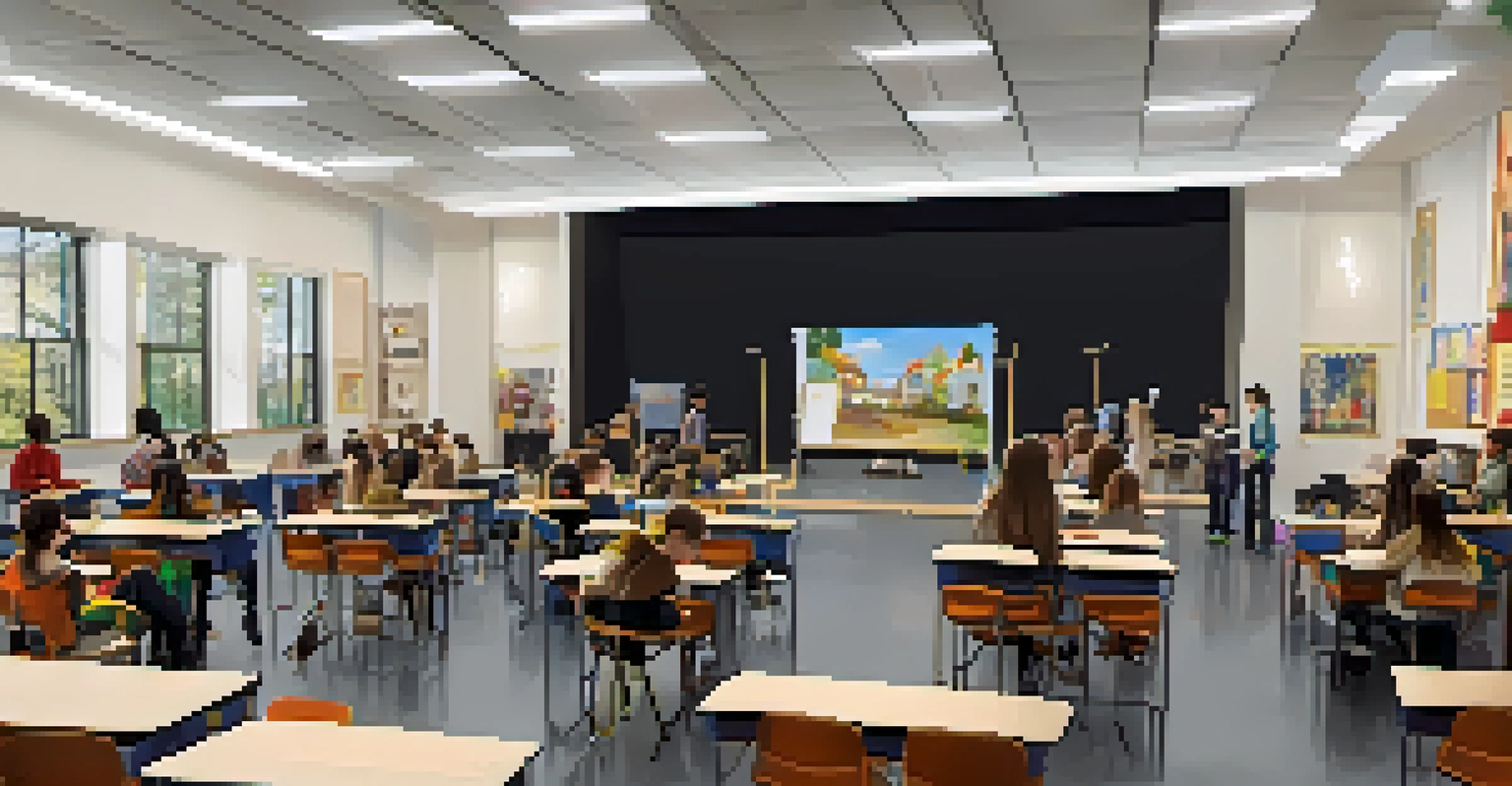A classroom theater workshop in Rochester, with students practicing lines and using props, highlighting arts education.