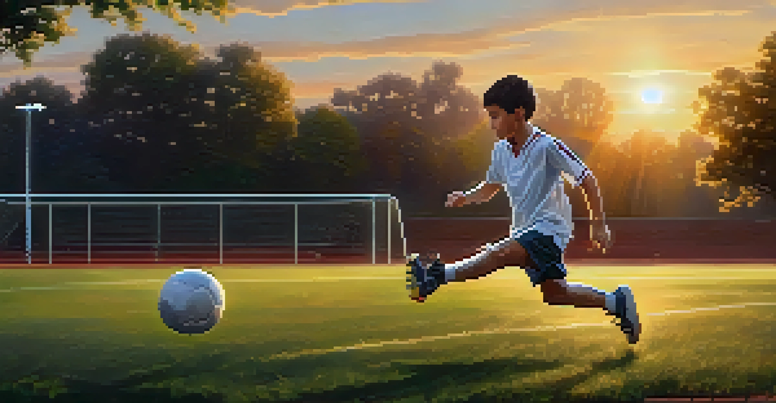 A young athlete practicing soccer at sunset, illustrating the dedication and connection between sports and education.