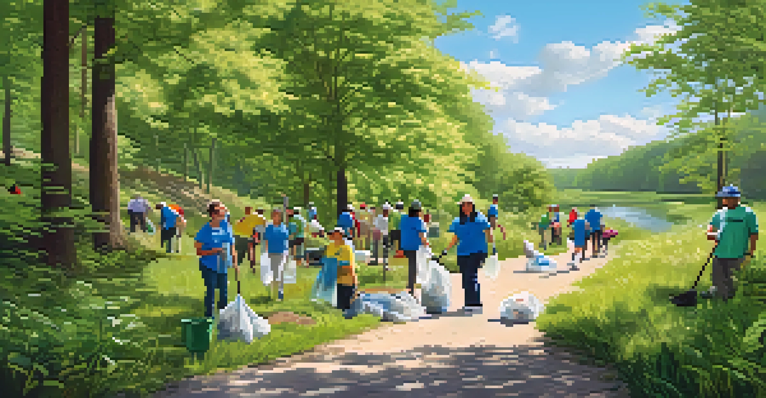 Volunteers of different ages participating in a park clean-up along a scenic trail surrounded by greenery.
