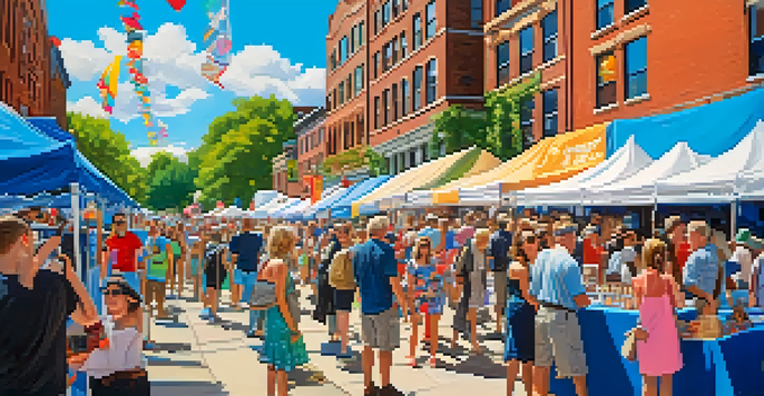A lively photography festival in Rochester with photographers showcasing their work and a crowd of enthusiastic attendees under a blue sky.